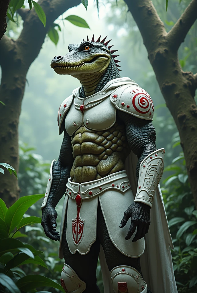A style that is half man, half crocodile, with human eyes, and white armor with red details covering the entire body.