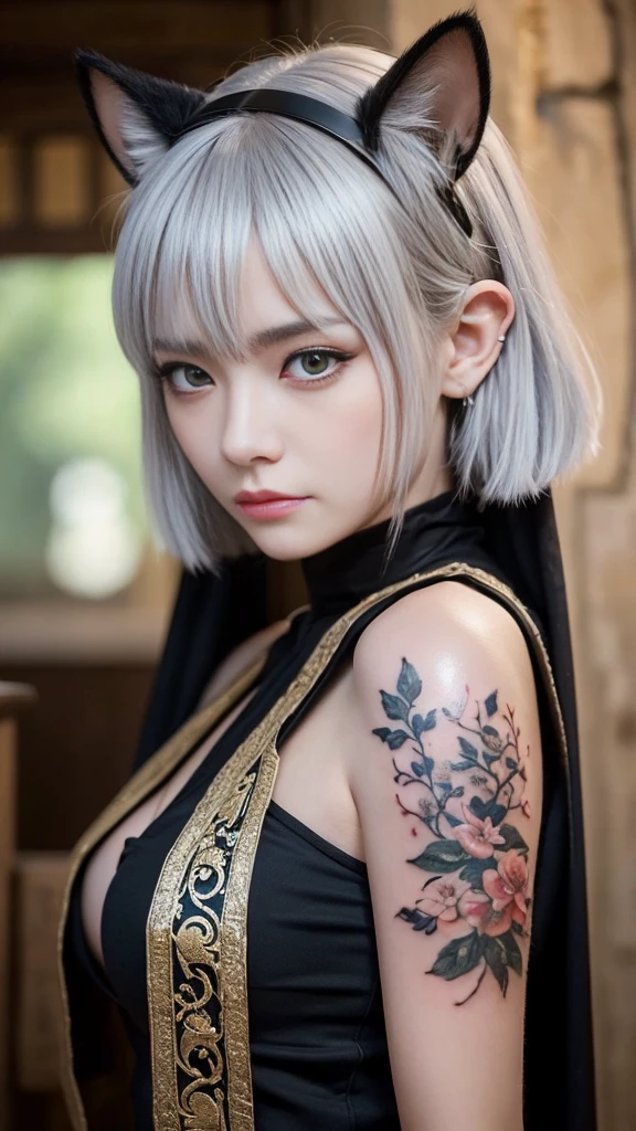 Highest quality、masterpiece、Delicate and beautiful face、Eye and facial details、Beautiful woman、Cosplay、Medieval European Background、Textured skin、Super Detail、Attention to detail、Silver Hair、black eye、Animal ears、Cat Beastman、Kiva、Short Hair、Tattoo、Angry face