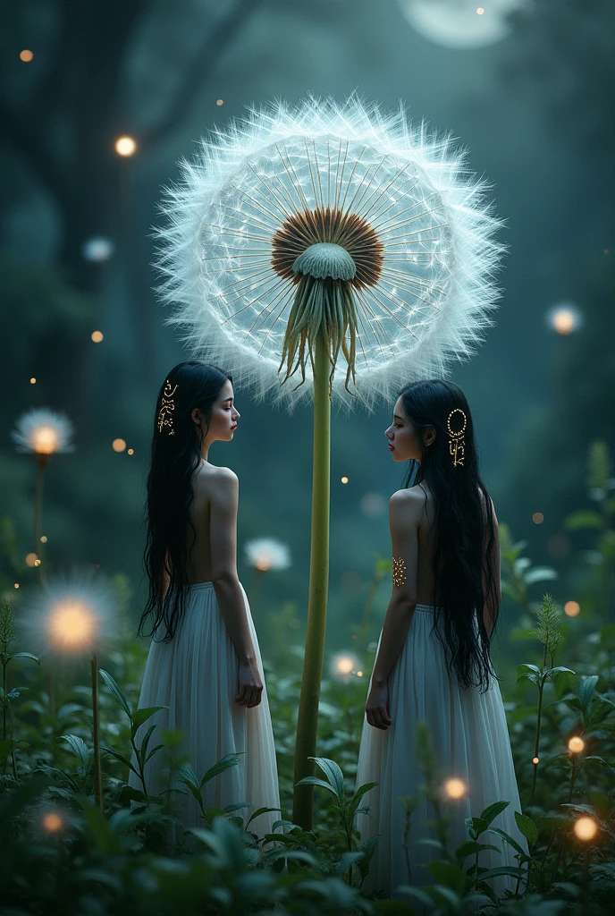 Dandelion, runes and beautiful goddesses with black and white hair