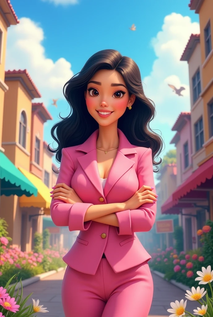 I posted a 3D of a 38 year old woman with black hair and fat , who works as a councilwoman,Disney  style,brown eyes and crossed arms and pink clothes,small eyes 

