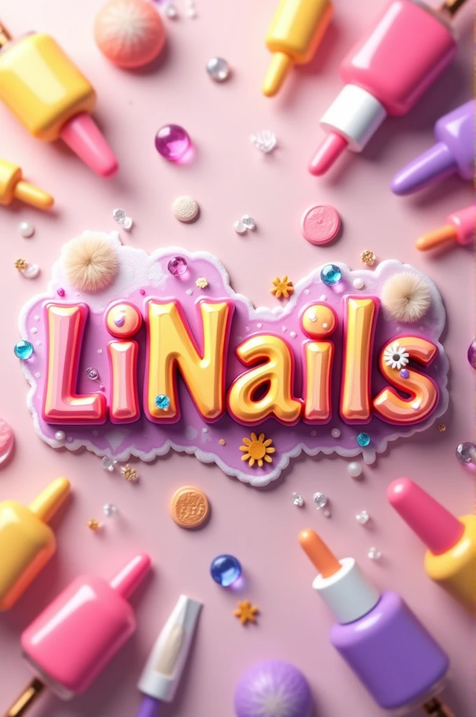 A photo where it has the name LiNails, which has a cartoon and is surrounded by objects related to manicure and beauty, with attractive colors for the client