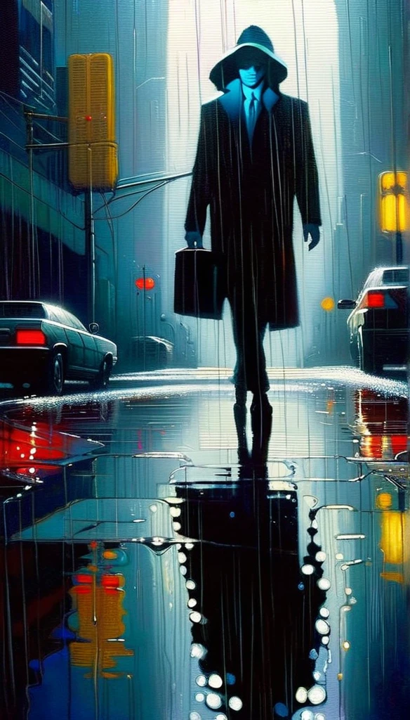 futuristic world: 1.5, surrealism, impressionism, alone, raining, reflections in a puddle of water, oil painting, chiaroscuro, sensual and dramatic lighting, changing atmosphere, art inspired by Bill Sienkiewicz