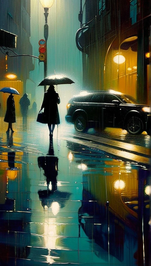 futuristic world: 1.5, surrealism, impressionism, alone, raining, reflections in a puddle of water, oil painting, chiaroscuro, sensual and dramatic lighting, changing atmosphere, art inspired by Bill Sienkiewicz