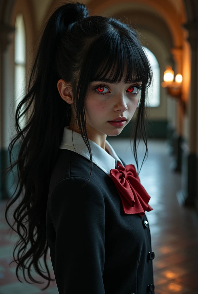 (masterpiece), best quality, expressive eyes, perfect face, 1girl, black hair, long hair, ponytail, light red eyes, vampire, school uniform, sharp canine teeth.