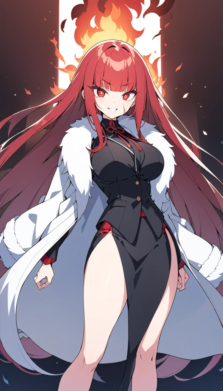 japanese anime style, high-resolution, 4K, 1woman, solo, 33 years old, super long hair, bangs, bangs, large burn scar on face, [Fearless smile], Sharp Eyes, large breasts, black suit, semilong Tight Skirt, Red High Heels, wearing a long fur coat over shoulders, looking at viewer, standing, tall, 