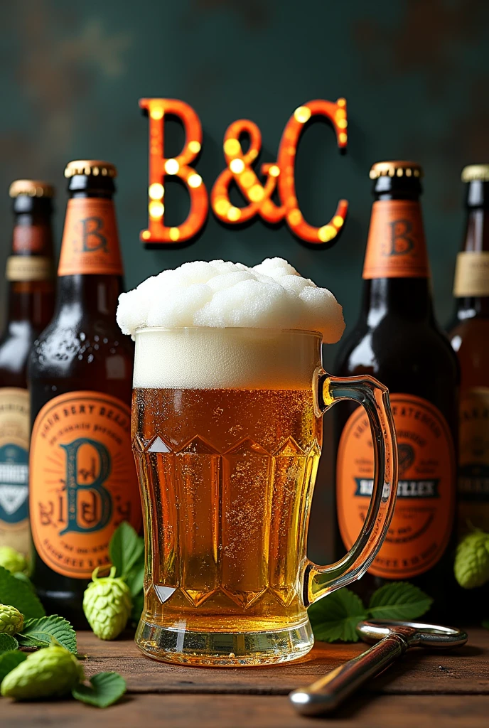 Beverage distributor B&C large logo add beer bottles , beer mug, bottle opener and hops