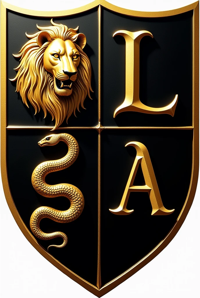 A coat of arms in the shape of a shield divided into four parts, on the upper left side,a lion often used in coats of arms, on the upper left side, a letter L in gothic format, on the lower left side a snake in the same style as the lion, in the lower right corner, a letter A, at the bottom of the lion and the snake, the shield will be black, and the golden animals, at the bottom of the letters,the shield will be golden, and the black letters