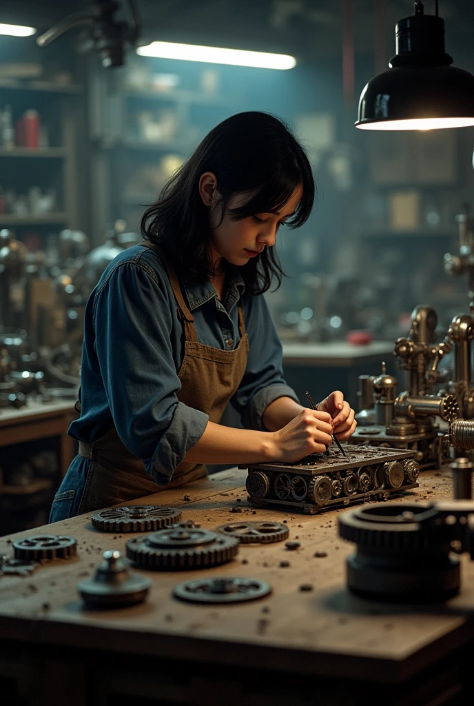 an image of a female mechanical engineer with medium black hair, a brunette whose face is not visible, building a machine
