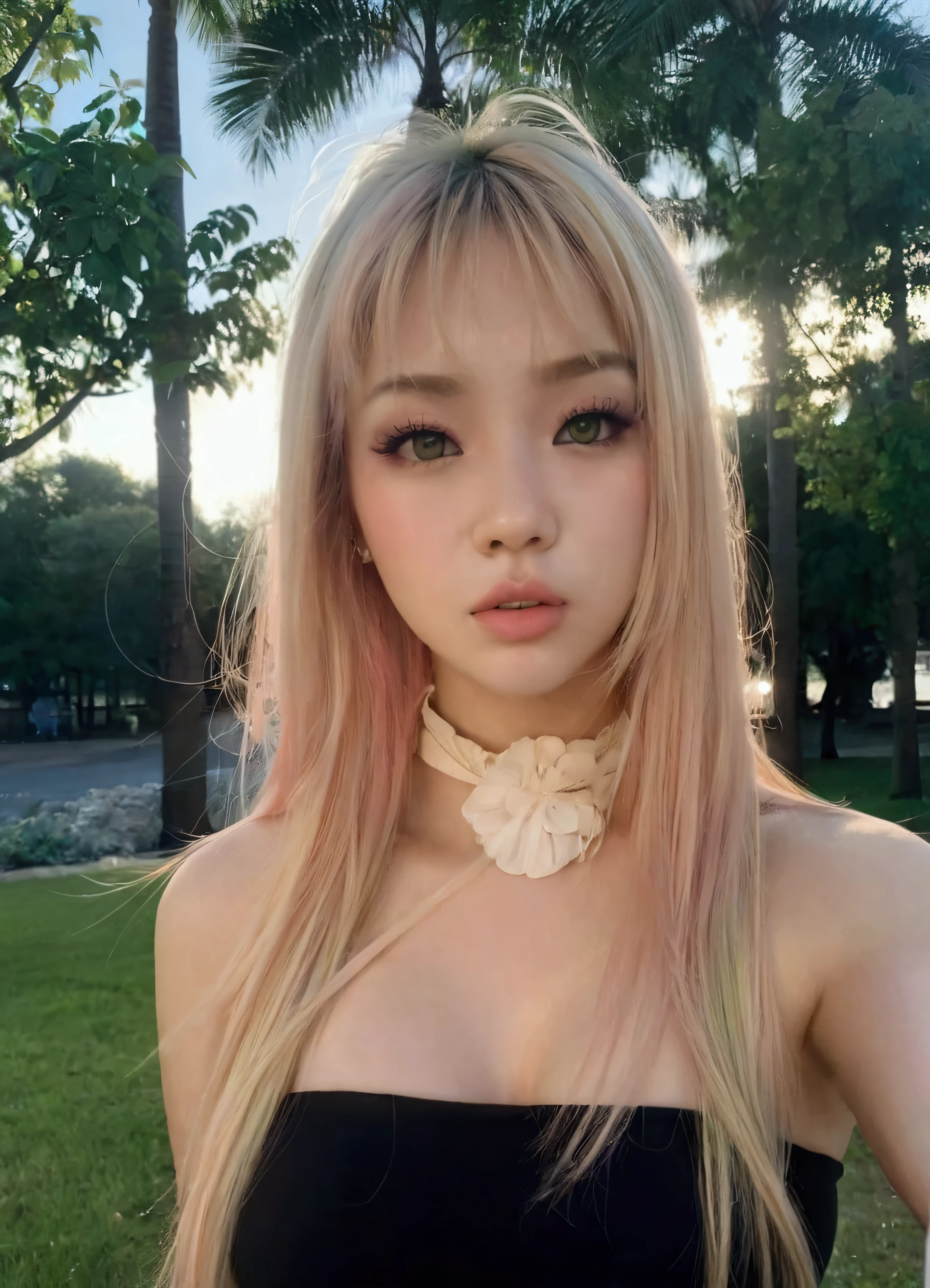 pink hair with green streaks and large breasts.