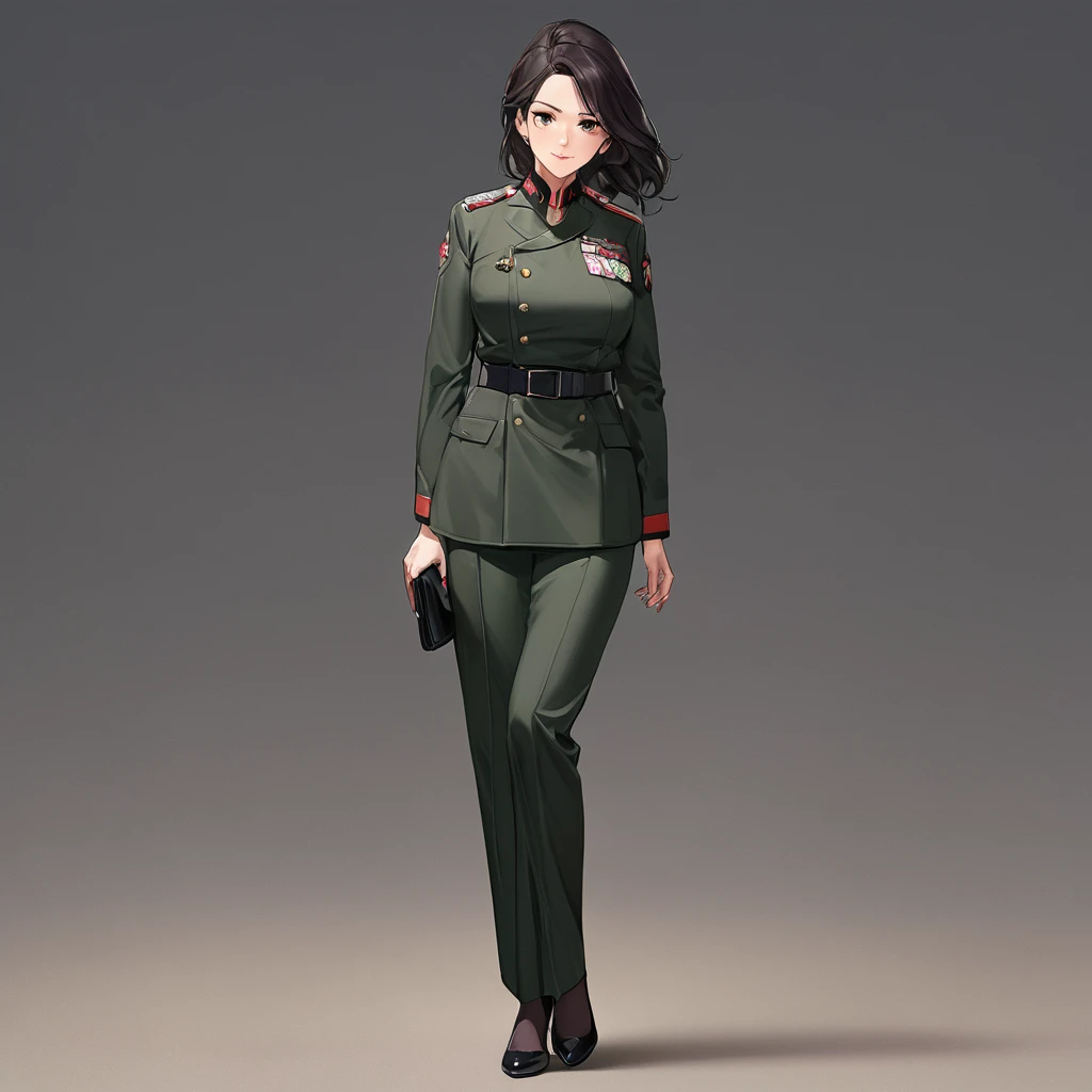 High resolution, full body image, beautiful woman, with long, shiny dark hair, mature woman, middle aged woman, wearing military uniform, military officer uniform.