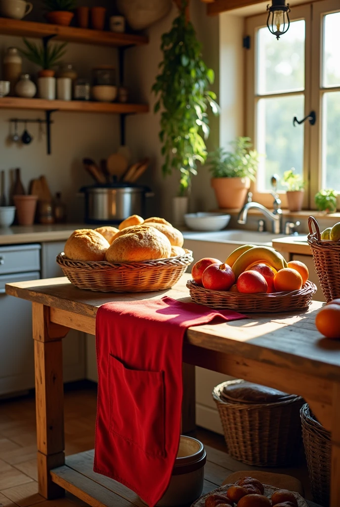 A large table with a red apron, a basket of bread, another of fruits, and an artisanal kitchen background.