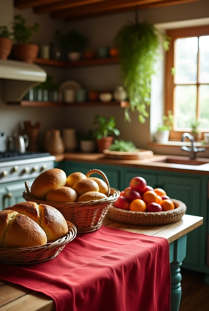 A large table with a red apron, a basket of bread, another of fruits, and an artisanal kitchen background.