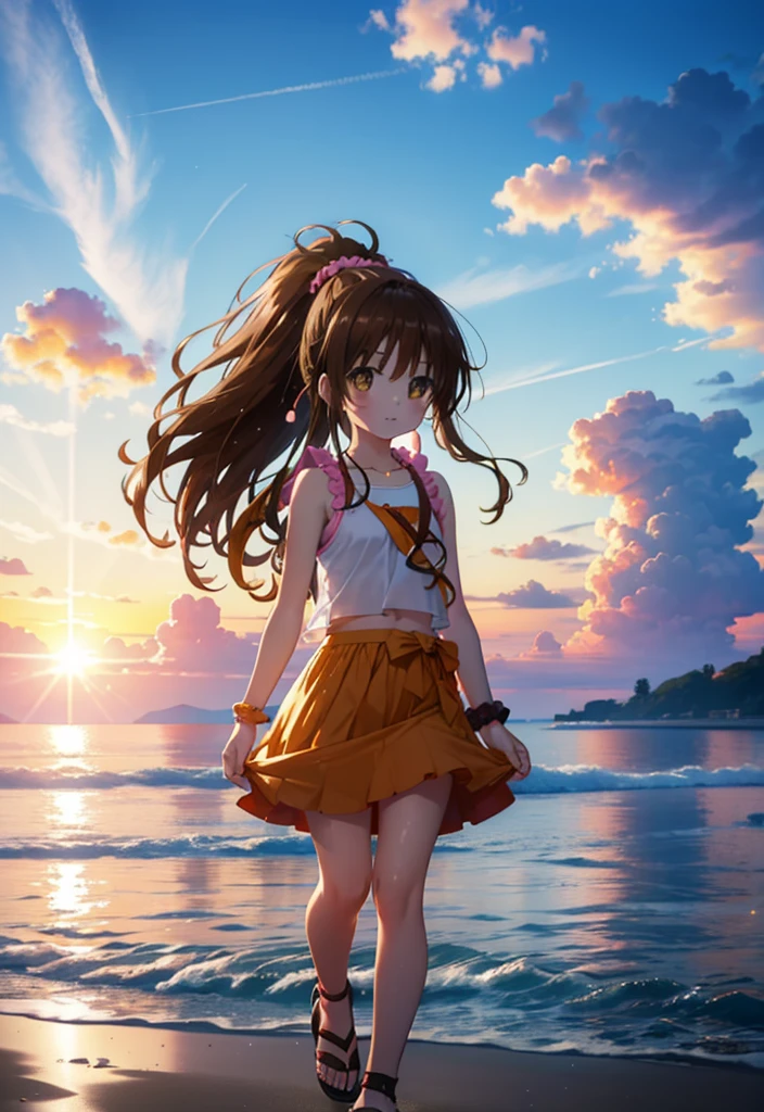 Follow Us, Yuki mandarin orange, (Brown eyes:1.5), Brown Hair, hair ornaments, hair Scrunchie, Long Hair, pink Scrunchie, Scrunchie,ponytail, (Flat Chest:1.2),smile,blush,Open your mouth,Black Tank Top,No sleeve,Heart-shaped necklace,Long skirt,Cute heeled sandals,Walking,morning陽,morning,The sun is rising,So that the whole body goes into the illustration,
Destroy outdoors, Coastal Road,
壊す looking at viewer,Destroy the whole body (masterpiece:1.2), Highest quality, High resolution, unity 8k wallpaper, (figure:0.8), (Beautiful attention to detail:1.6), Highly detailed face, Perfect lighting, Highly detailed CG, (Perfect hands, Perfect Anatomy),