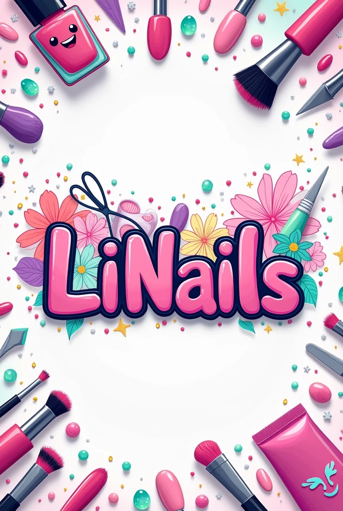 A photo where it has the name LiNails, which has a cartoon and is surrounded by objects related to manicure and beauty, with attractive colors for the client