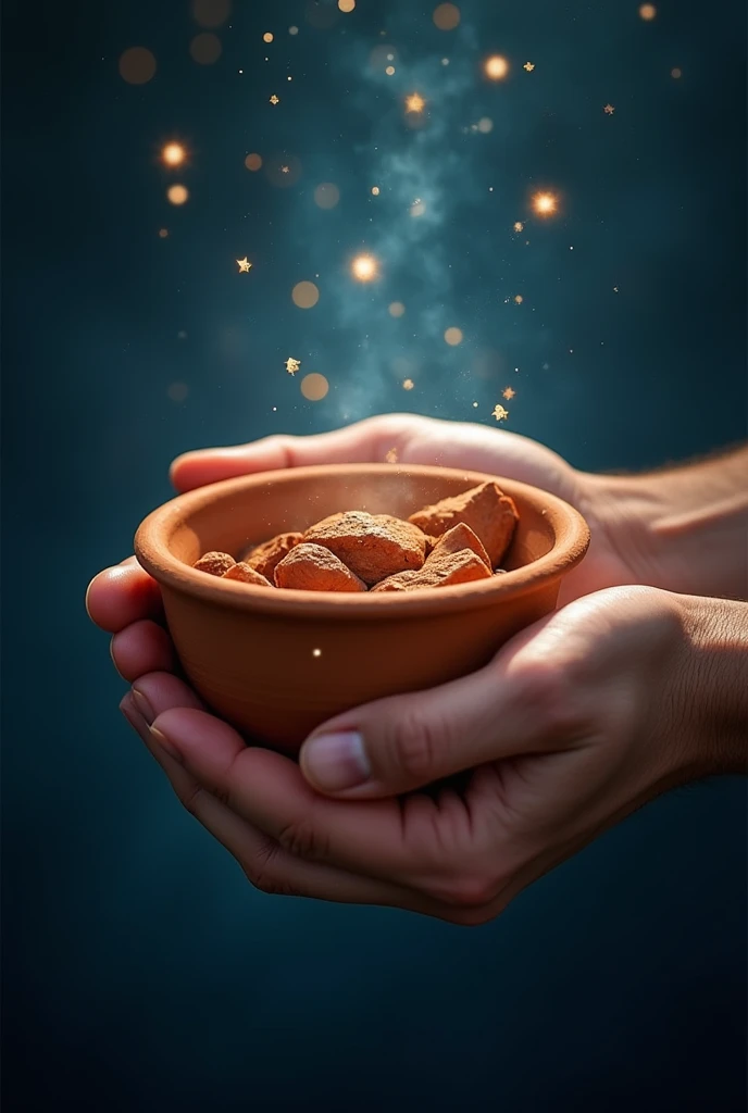 Generates a high resolution image at 9:16 showing God's hands restoring a broken clay pot. With a soft golden glow emanating from the hands, with a deep blue background with flickering light. Spiritual ambient.