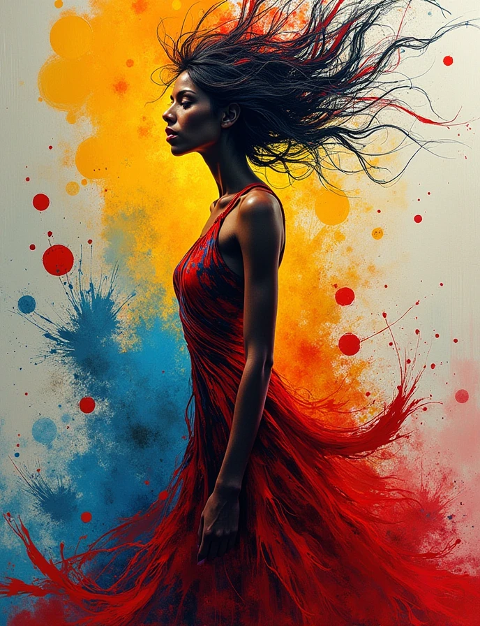 (Goddess of Fashion:1.4), depicted in an Abstract Expressionist style, (her form is a swirling blend of vibrant colors and dynamic brushstrokes:1.2), (the clothing she wears is an explosion of abstract patterns, with flowing lines and bold, expressive splashes of color:1.2), (her presence is powerful, with an aura that radiates creativity and emotion:1.2), (the background is a chaotic yet harmonious blend of abstract shapes and textures, reflecting the energy and movement of the fashion world:1.2), (rich, intense colors like deep reds, electric blues, and vivid yellows dominate the scene:1.2), (perfect image quality:1.4), (intricate details in the brushwork, capturing the raw emotion and spontaneity of Abstract Expressionism:1.2), (the overall composition is fluid and unrestrained, embodying the spirit of fashion as a form of artistic expression:1.2), (her expression is both fierce and passionate, conveying a deep connection to the art of fashion:1.2), (the image conveys a sense of freedom, with no boundaries or limits to creativity:1.2)