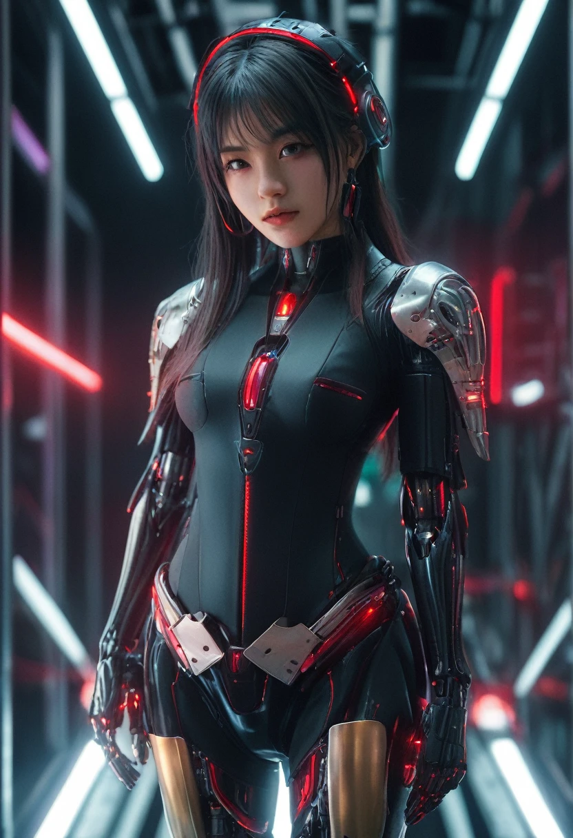 xxmixgirl. Highly detailed professional 35mm film, bokeh, face in sharp focus. A robotic female, Miku, with ((metal skin)), ((perfect Asian eyes)) with magenta irises and ((black pupils)), beautiful serious (detailed face), 18 year old ((photorealistic face)), very long magenta twin tails of magenta hair, twin black hair ties with a single red stripe. She may have a black audio headpiece. We can see her ((full body)) down to her boot soles. Her outfit is a sleeveless collared light grey shirt, outlined in red around the frilled collar and hems. Shiny reflective ((metallic breast cups, dimpleless)), invisible nipples. She wears black sleeves with red hems that start around her upper arm and bellow out as the sleeves open and extend to her wrists, with wide trumpet red rimmed cuffs. She has perfect robotic (detailed hands). She wears a red colored tie with two horizontal solid parallel black lines halfway across. She wears a fabric black skirt with a horizontal red hem at the bottom all the way around; her (((black skirt wraps around her))) and ((her skirt completely covers)) her robotic waist and thighs. Tall black boots with red bottom soles, a red rim around the top at her thighs. Her mechanical shoulder joints are visible. We can see her robotic legs and robotic neck. Half of her is covered with shiny polished machinery. The background is a distant dark neon futuristic Japanese city, gold, cyan, violet neon, near harbor or mountains.