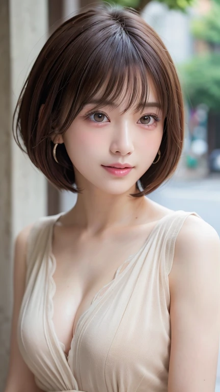 (Bob Cut Hair:1.2),(Wearing a blouse:1.2),1 person,Japanese,21 years old,(Small breasts:1.3),(Highest quality,masterpiece:1.3,Ultra-high resolution,),(Very detailedな,Caustics),(Realistic:1.4,RAW shooting,)Ultra-Realistic Capture,Very detailed,High resolution 16K human skin closeup。 Natural skin texture、,pores、、It needs to be detailed enough to be easily identifiable。 Skin tone is even and healthy looking。 Use natural light and color, Happy expression, Looking into the camera, Perfect dynamic composition, Outdoor、Cleavage、sheer、Earrings