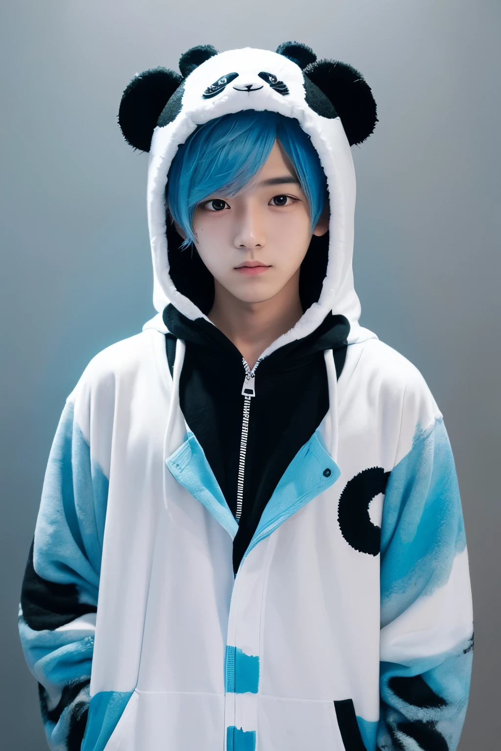 1 boy, about 20 years old, panda kigurumi, looking down, positioned on the right, facing left, ink wash painting, black and white, light blue hair,anime