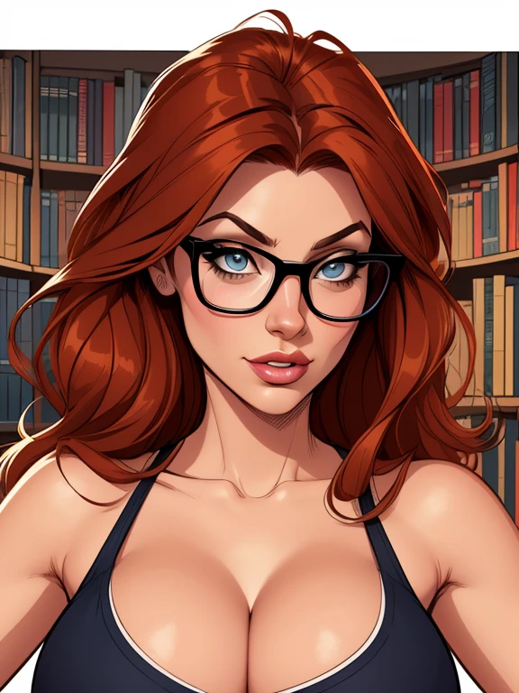 cartoon style:1.2), woman, Krista Allen, draw ART Artline, background a library with bookshelves, spanish woman, woman cartoon, sexy clothes , fearless and super brave girl , cartoon style illustration, cartoon art style, cartoon art style, digital illustration style, very detailed character design, cute detailed digital art, City fan art, portrait character design, linda digital illustration, High quality portrait, comic art, character design portrait, library background. Busty without clothes and very big breasts, perky tits, Cartoon style female character dressed as sexy schoolgirl, Beautiful character pose in dynamic pose, wearing glasses, schoolgirl uniform, deep cleavage, very short skirt, white thong, long stockings, beautiful breasts, well defined body, delicate and sensual, perfect hands, perfect fingers, full lips, long hair red head, cartoon style, digital illustration, J. Scott Campbell style