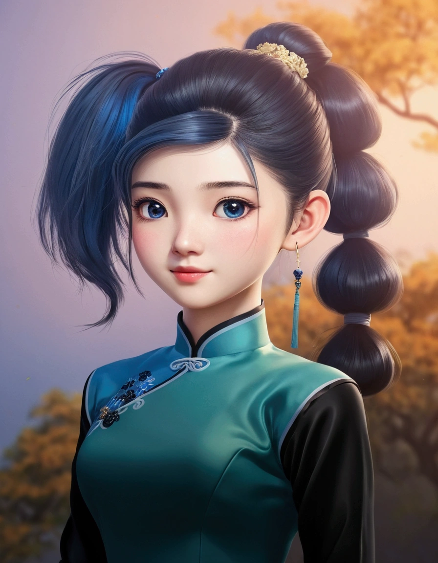 a girl, ponytail hair, blue cash china dress with black long sleeves, realistic face, 4k