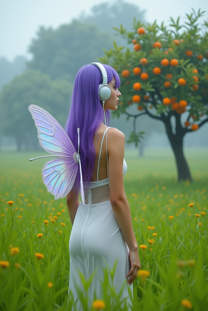 Korean purple hair butterfly woman with headset in a field with an orange tree and white dress falling rain transparent outfit perfect body transparent dress showing buttocks and butterfly wings rainy day shiny and transparent outfit day. Rainy