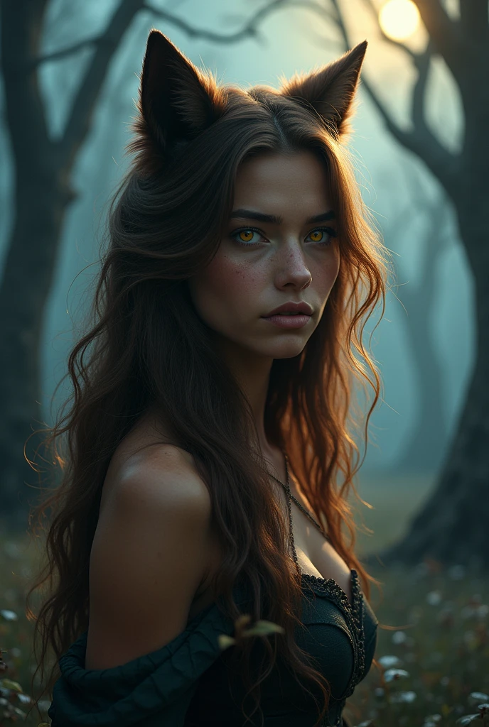 (masterpiece), best quality, expressive eyes, perfect face, 1girl, brown hair, tanned skin, yellow eyes, canine yes, werewolf