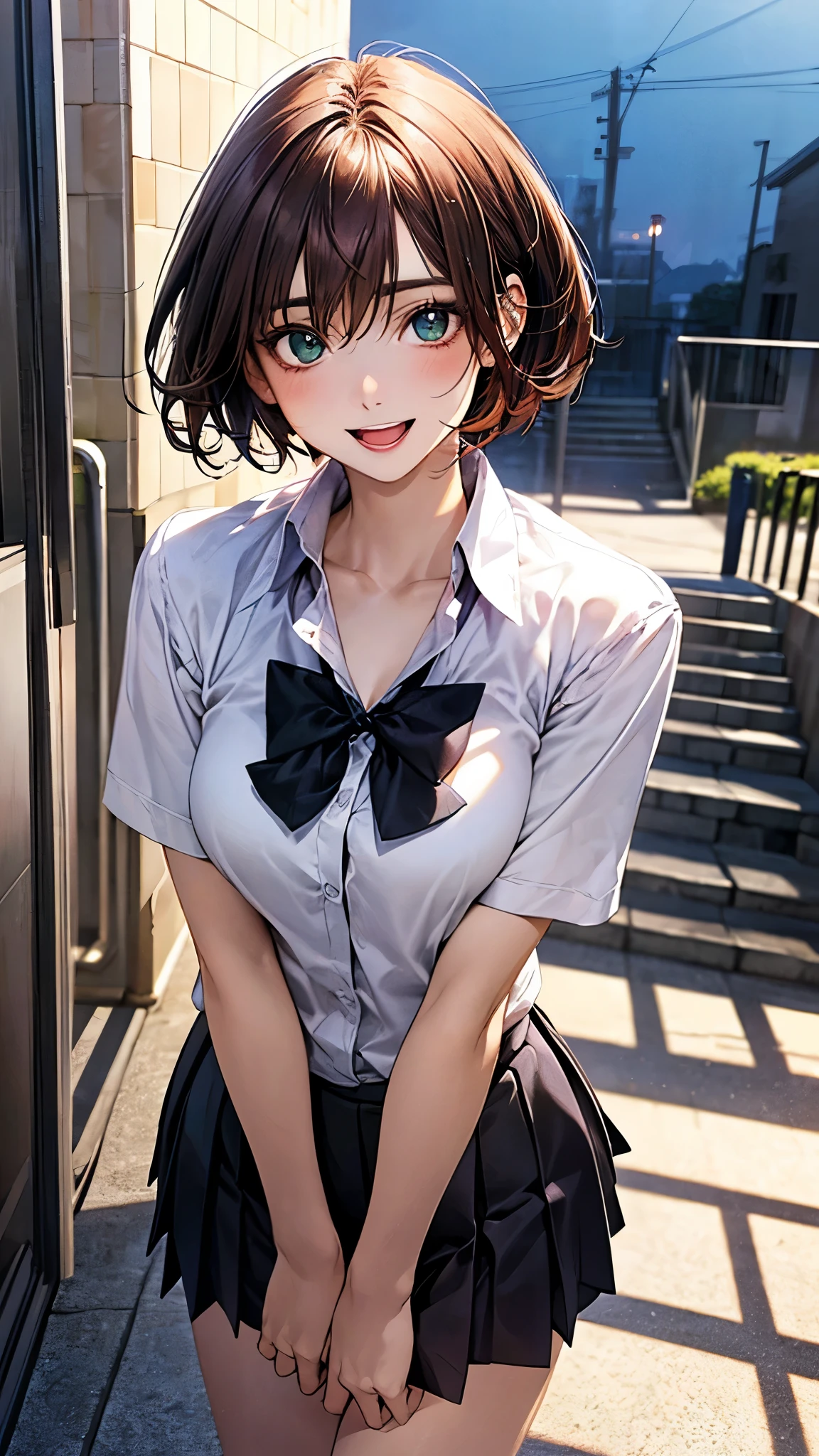 (masterpiece:1.2, highest quality), (realistic photo:1.4), beautiful illustrations, (natural side lighting, movie lighting), 
beautiful hair, beautiful face, detailed and beautiful eyes, beautiful clavicle, beautiful body, beautiful breasts, beautiful thighs, beautiful feet, beautiful fingers, 
looking at the viewer, 1 girl, high school girl, (perfect anatomy, anatomically correct, super detailed skin), cute symmetrical face, baby face, perfect face, perfect eyes, slender, 
(short hair, pixie cut hairstyle, red brown hair), hair between eyes, emerald green eyes, big eyes, slant eyes, long eye lasher, (medium breasts, seductive thighs), perfect body, shiny skin, 
(detailed cloth texture, break short sleeve light grey collared shirt, break dark purple pleated skirt, dark purple bow tie), break 
(beautiful scenery), night, (school yard;1.2), standing, break (peace sign), break (happy smile, open mouth, feeling of satisfaction), 