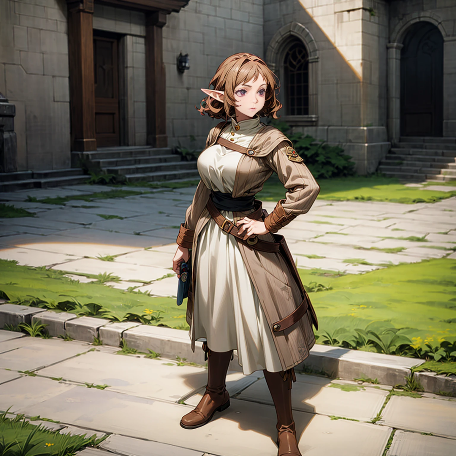 Solo character, full body version, old girl, (elf), purple eyes, brown color hair, long curly haircut, casual outfit, boots, outdoor, town, medieval, morning, standing gesture, detailed background, detailed clothing, detailed hair, (Bleach style art, Doraemon style art), happy eyes, big breast, hand gun in hand 