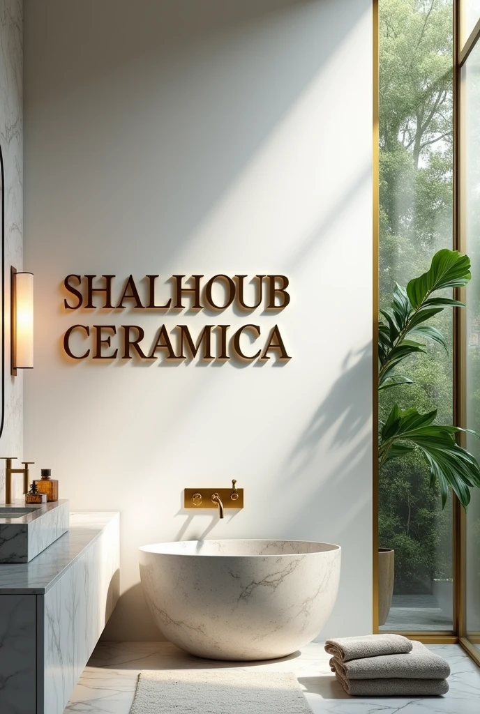 Write “SHALHOUB CERAMICA” on the wall and around it luxury bathroom, tiles and basins.