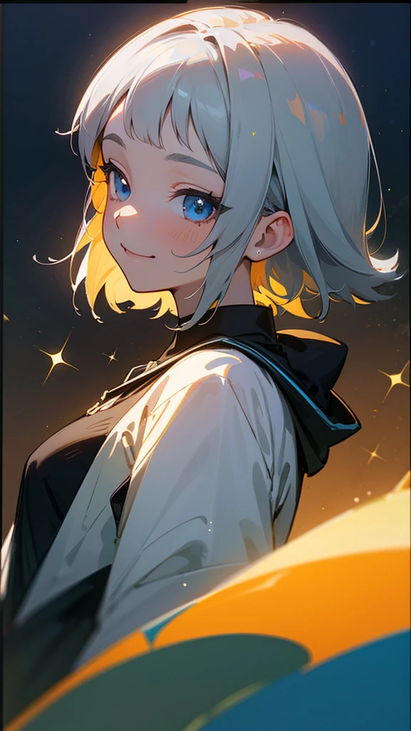 1 Girl、solo、Anime style painting、Upper body close-up、smile、From the side, impression, (Oil), Green and orange tones、Silver Hair, (Sparkling Blue Eyes)、Delicate contours、Park under the moonlight、Background Blur, The depth of the drawn border