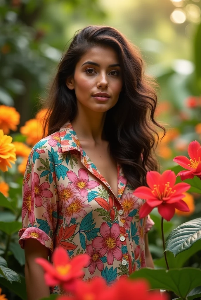 A Brazilian woman in a lush tropical garden, wearing an open shirt with a floral print, with a close-up capturing the harmonious beauty between her breasts and the natural flowers, showing off your natural charm and outgoing personality.