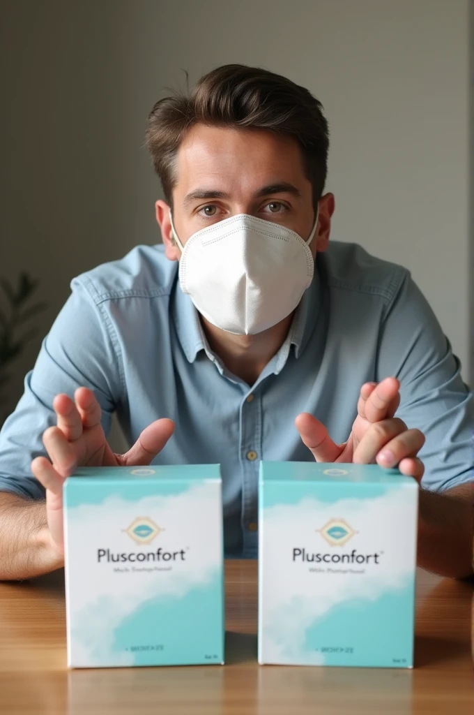 Create an advertisement featuring a man wearing a white mask, sitting at a table with two boxes of Plusconfort brand masks on the table. He is pointing towards them.