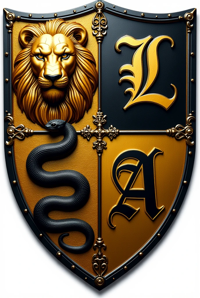 A coat of arms in the shape of a shield divided into four parts, on the upper left side,a lion often used in coats of arms, on the upper left side, a letter L in gothic format, on the lower left side a snake in the same style as the lion, in the lower right corner, a letter A, at the bottom of the lion and the snake, the shield will be black, and the golden animals, at the bottom of the letters,the shield will be golden, and the black letters
