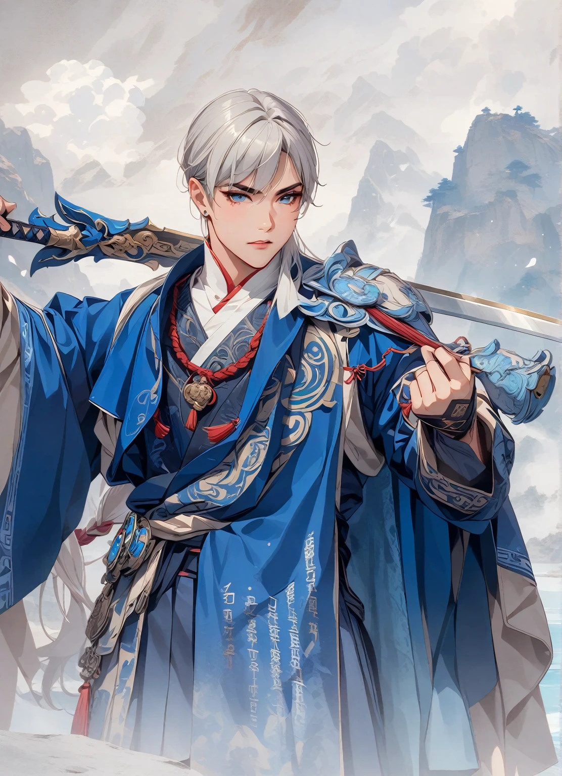 anime character dressed in blue holding a sword and a sword, zhao yun, heise jinyao, inspired by Guan Daosheng, inspired by Bian Shoumin, inspired by Zhao Yuan, cai xukun, inspirado em Hong Ren, inspired by Dong Yuan, g liulian art style, inspired by Zhang Han, chinese fantasy, inspired by Cao Zhibai