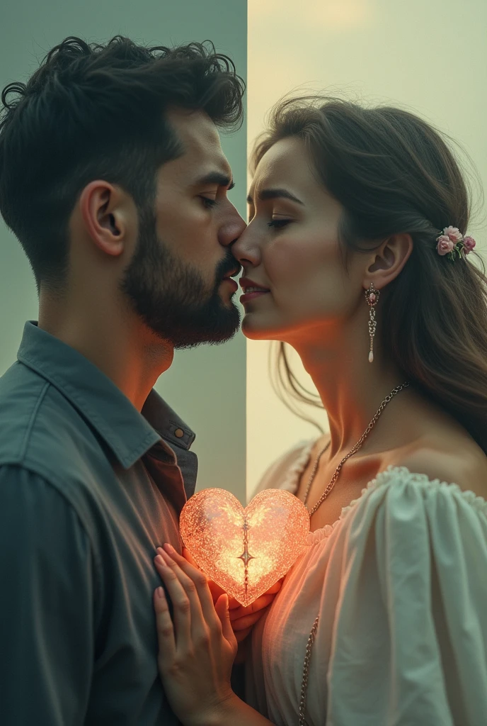 Create two images in one photo: Of a man with his wounded and broken heart manipulated by a woman living narcissistic emotional abuse. And of a woman with her suffering and weeping heart blinded by the deceit of a narcissistic emotional abusive man. Both must demonstrate the desperation of being unable to free themselves. No dark images.