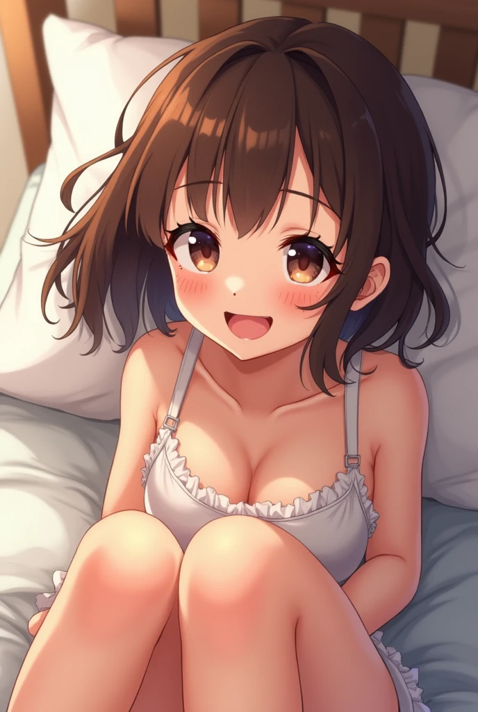 A cute anime girl laying on a bed with zero clothes(1.5) and brown hair and freckles and grinning at me with her legs facing toward me showing me her pussy