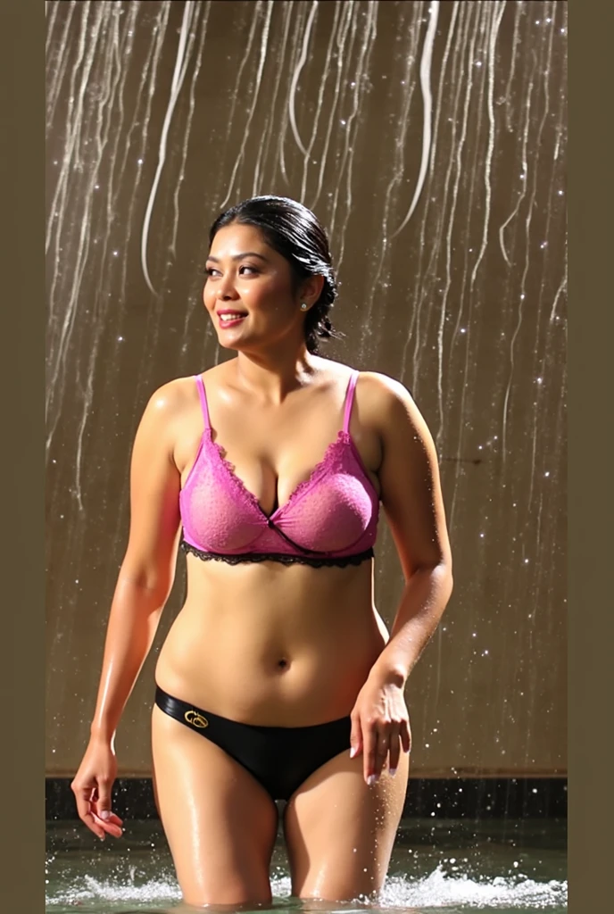 A curvy Indonesian Javanese woman, wearing a sheer black lingerie set with a transparent bra, stands fully exposed under the shower. Her solid, voluptuous body is bathed in the dim light of the bathroom. The transparent bra leaves little to the imagination, revealing the fullness of her breasts and deep cleavage, which glisten as water cascades down her chest. Her wet hair clings to her neck and back as the water flows down her body. Her very wide hips, perfectly shaped and seductive, draw attention as they sway slightly under the stream, the soft lighting emphasizing their voluptuous curves. With her eyes closed, she fully immerses herself in the refreshing sensation, her hands cradling her head, fingers sliding through her wet hair. The interplay of shadows and light highlights her cleavage and the bold, sensuous curves of her hips, creating an atmosphere charged with intimate allure.”
