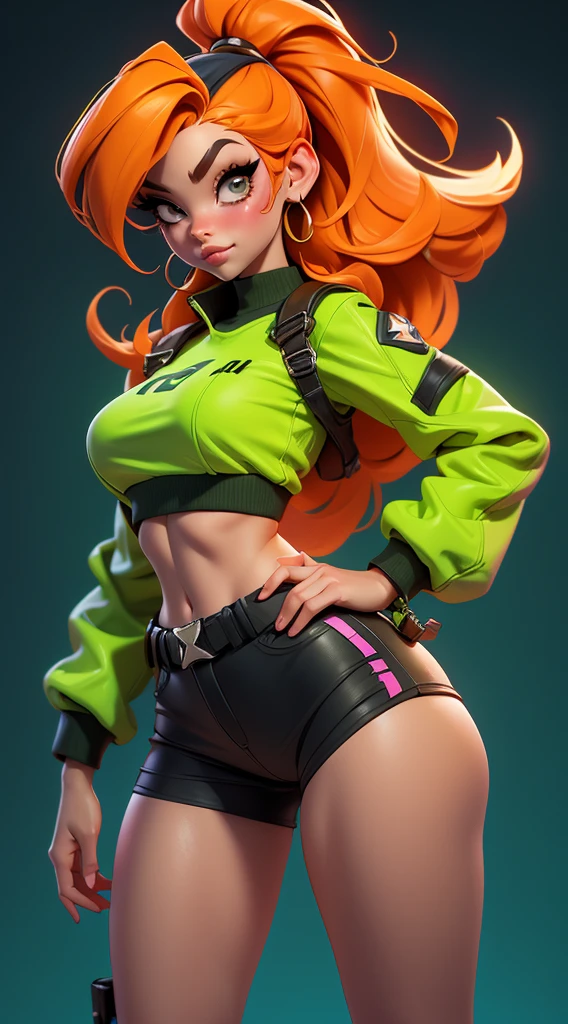 unreal engine:1.4,UHD,The best quality:1.4, photorealistic:1.4, skin texture:1.4, masterpiece:1.8,y photography ultra details, sexy pose , pretty, neon light, holding a dildo, ((beautiful and aesthetic)), sexy, huge breasts, tight black long sleeve shirt, thin waist, beautiful fine hands, Kim Possible, Straight Orange Hair, Tight crop top, exposed mid riff, green booty shorts