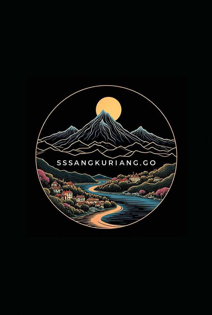 a circle logo, a mountains and village, "SSSANGKURIANG.GO" text in the middle, black background, detailed logo design, intricate design, minimalist style, clean lines, (best quality,4k,8k,highres,masterpiece:1.2),ultra-detailed,(realistic,photorealistic,photo-realistic:1.37),professional,vivid colors