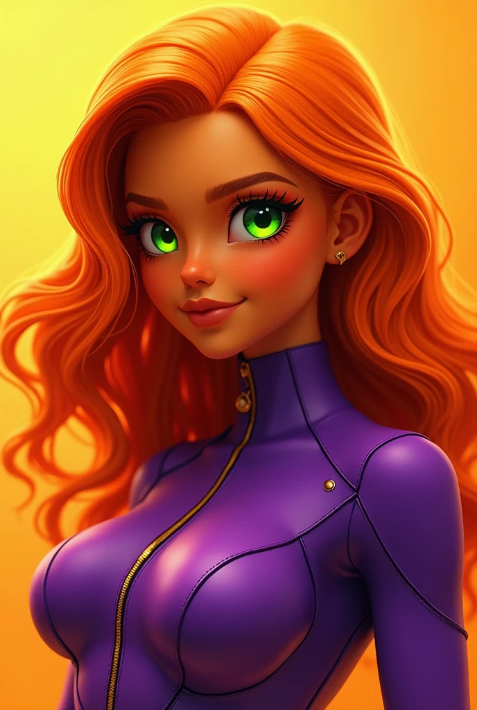 An orange skinned girl, wearing a purple power suit. Her eyes are bright green, glowing and without pupils. She has orange long and wavy hair, an hairbang and she is busty. RAW photo