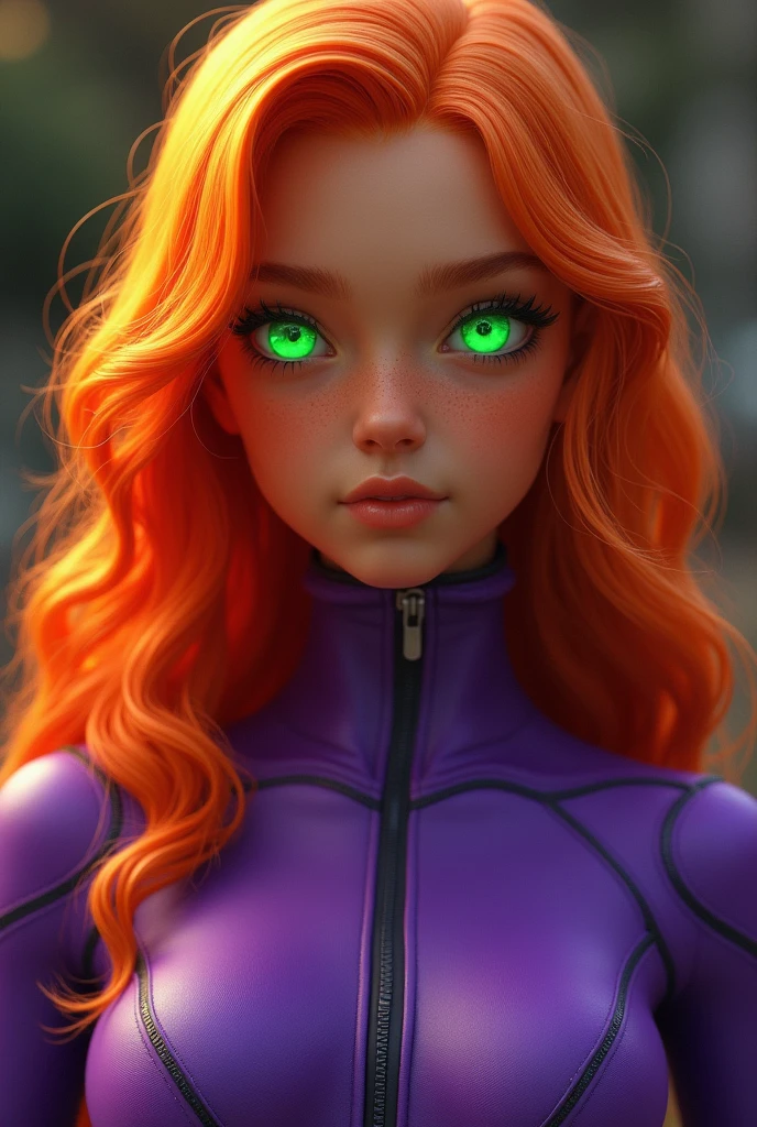 An orange skinned girl, wearing a purple power suit. Her eyes are bright green, glowing and without pupils. She has orange long and wavy hair, an hairbang and she is busty. RAW photo