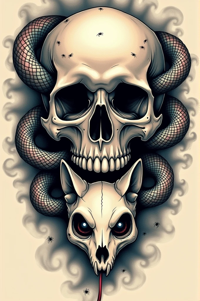 Draw a skull with snakes coming out of its eyes, and below a cat skull with spiders coming out of its eyes in a tattoo style