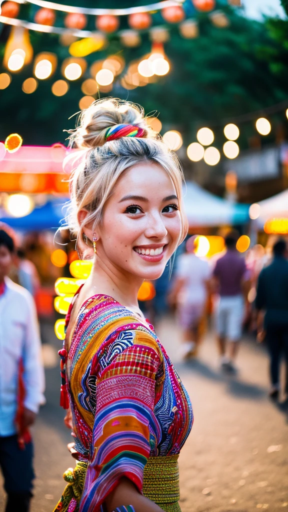 Emily, dressed in a vibrant yukata, walking through a bustling summer festival at dusk. Her blonde hair is styled in a casual updo, and her face is lit up with a warm, contented smile. The scene is lively with festival lights, food stalls, and the sounds of people enjoying the festivities.