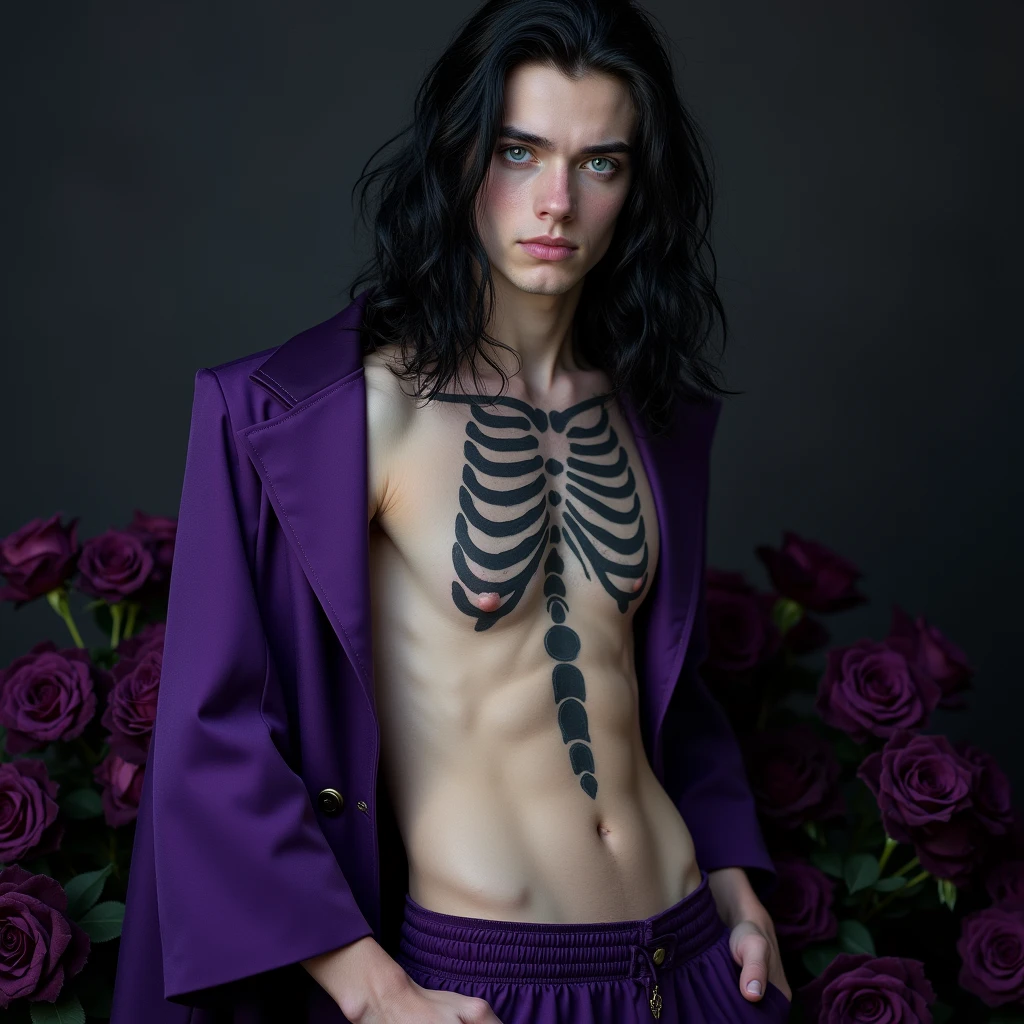 Male, sexy, long black hair, teal blue eyes, young, gothic, delicate features, no facial hair, no body hair, seductive, white and pale. Roses. Sexy pose. Purple and black. Sexy. Sexy pose. Seductive. Sensual. Mole under the left eye. Full body. Long eyelashes. Big bulge in his pants. Exposed torso. Whole body. No facial hair. Pretty face. Skeleton tattoo.