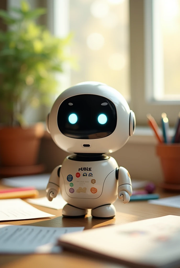a small desktop robot, tender without bottom and looking forward
