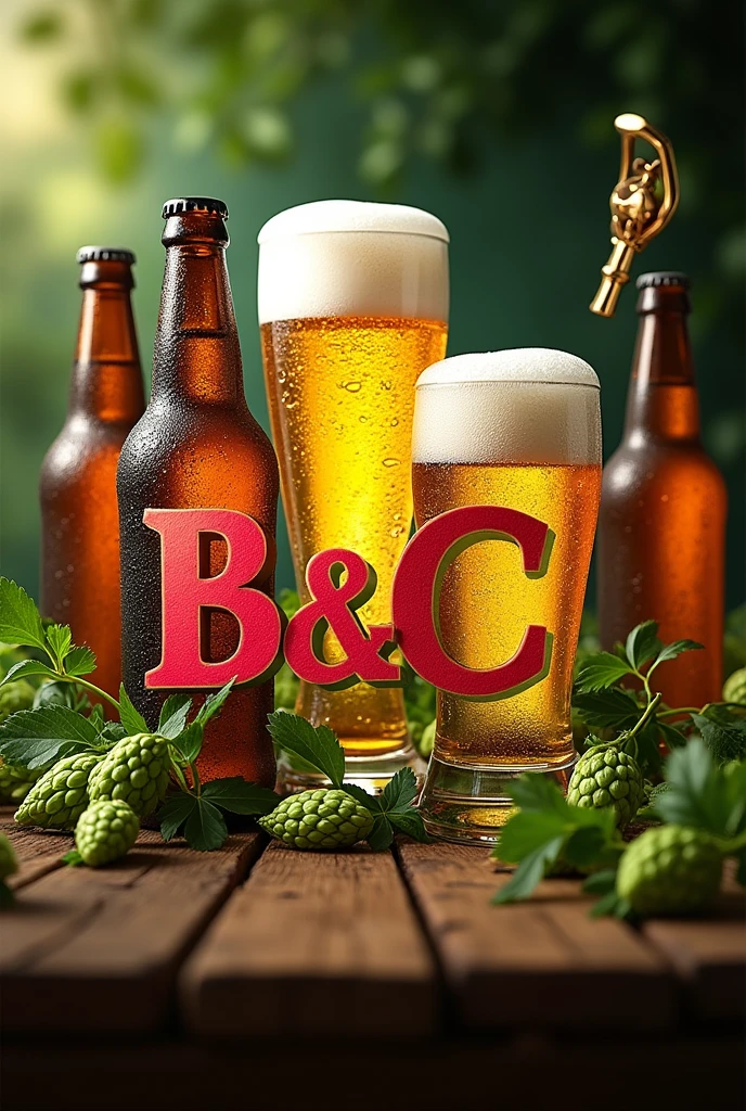 "Beverage distributor B&c" large logo add beer bottles , copo de chopp e abridor de garrafa e lúpulo 

