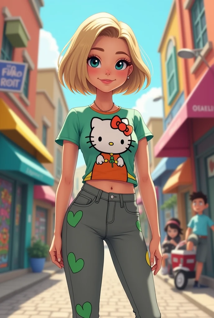 Female character with short, layered bob hairstyle in beige, wearing a shirt with a dinosaur Hello Kitty in the middle, and grey pants with green hearts.
