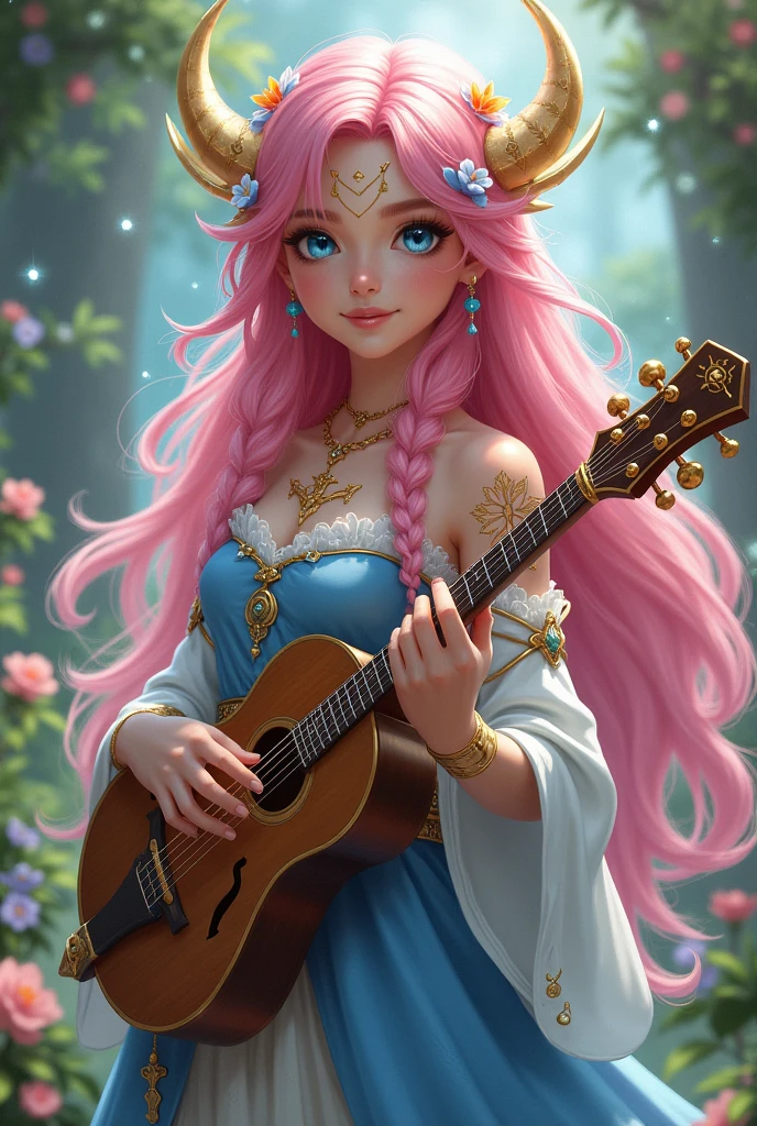 A very young and cheerful girl, She is an RPG character, her hair is pink and she has marks scattered across her body like mystical tattoos because she is the daughter of a fairy, She has elegant clothes for a musician because she is a bard, She has a mandolin and two beautiful scimitars, The marks she has are golden, She has human traits but her hair is quite pink and her ears are slightly large on her arms and neck, she has several golden mystical symbols in her hair, there are flowers and blue streaks