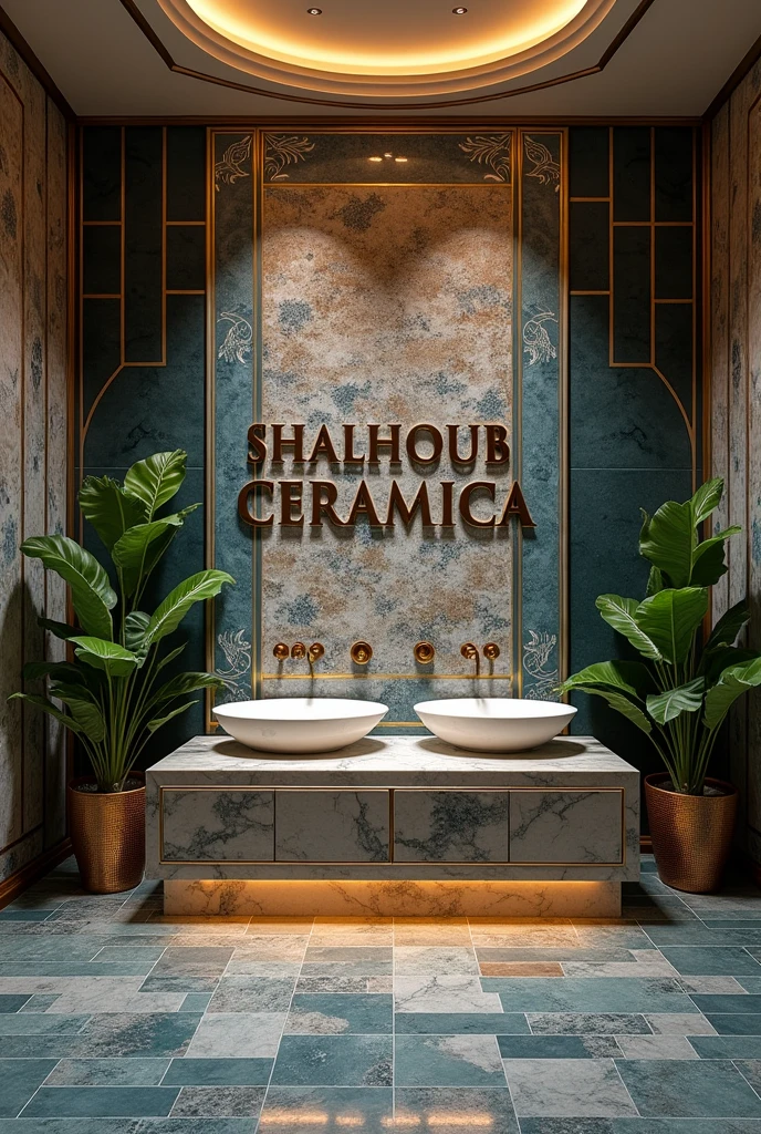 Write “SHALHOUB CERAMICA” on the wall and around it luxury bathroom, tiles and basins.